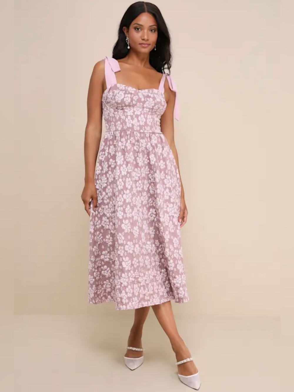 🎀 Body Flattering Bliss Mauve Pink Jacquard Bustier Tie-Strap Midi Dress